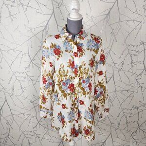 Contemporaine Colorful Floral Print 100% Linen Button Front Tunic
